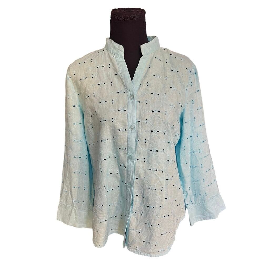 Tweeds Aqua Blue Split Neck Linen Eyelet Lightweight Button Down Size L